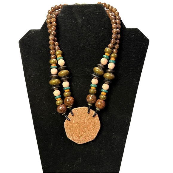 Unique Maximalism Chunky Artisan Beaded Necklace with Swirl Pendant Boho Tribal - Picture 3 of 9
